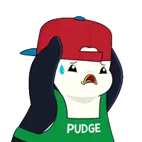 a cartoon penguin wearing a red hat and a green shirt with the word pudge on it