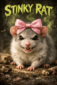 a stinky rat wearing a pink bow on its head