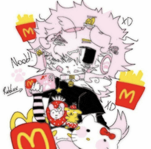 a drawing of a person with hello kitty and mcdonald 's
