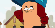 a cartoon character with red hair and a blue hat has a fist up in front of a netflix logo
