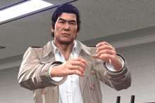 a man in a trench coat holds a piece of tape