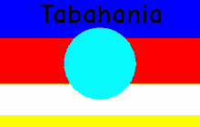 a blue circle in the middle of a red white and yellow striped background with the word tabahania