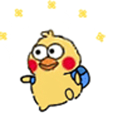 a yellow chicken with red cheeks and a blue backpack is flying in the air .