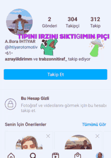 a screenshot of a person 's instagram page with a blue button that says ' takip et '