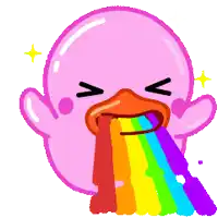 a pink duck with a rainbow coming out of its beak