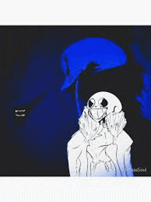 a drawing of a skeleton standing next to a blue shadow .