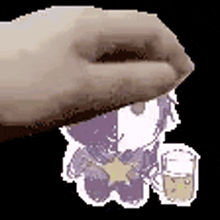 a pixel art of a hand holding a piece of paper with a purple flower on it .