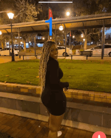 a woman in a black dress stands in a park at night with a taxi in the background