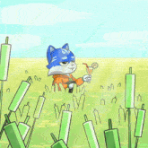 a cartoon drawing of a cat holding a drink in a field of green candles