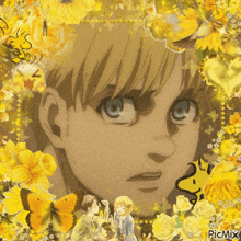 a picture of a boy surrounded by yellow flowers and butterflies with picmix written on the bottom