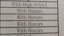 a stack of papers with the words `` with high school `` and `` with honors '' written on them .