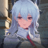 a girl with white hair and horns is wearing a white jacket and red tie