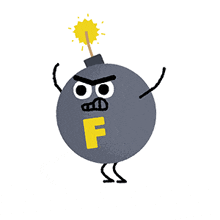 a cartoon drawing of a bomb with the letter f on its face .