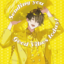 a boy in a yellow suit is holding a yellow pillow that says sending you good vibes today