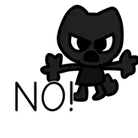 a black cartoon character with the word no written below him