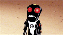 a black and white cartoon character with red eyes and a x on his chest