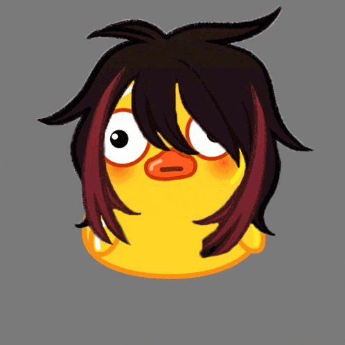 a drawing of a person with red hair and a duck with the letter m on it