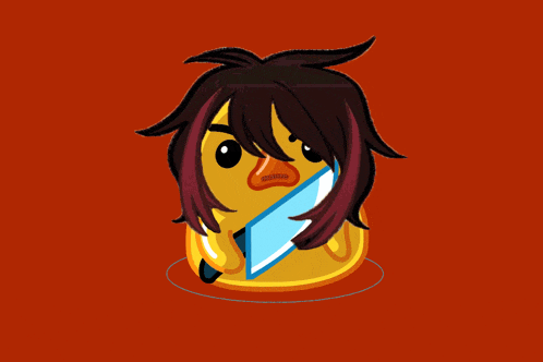 a yellow rubber duck with a knife in its mouth