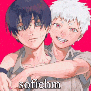 a couple of anime characters standing next to each other on a red background with the words sofeichm written on the bottom .