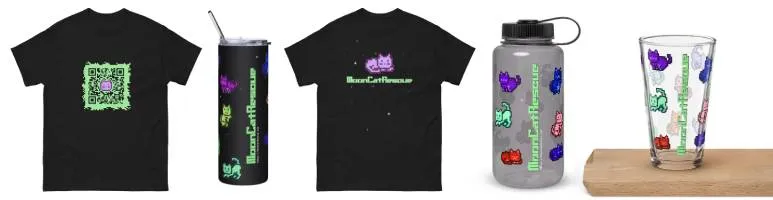 Product shot of tee-shirt, drinking glass, and water bottle, with MoonCatRescue logo and MoonCats branding