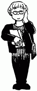 Cartoon: Sue Mason. Deaf fan conspicuously not holding a Hugo