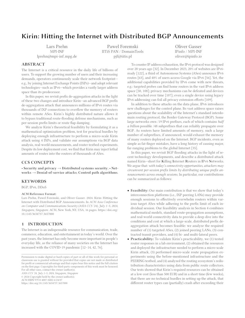 Download paper: Kirin: Hitting the Internet with Distributed BGP Announcements