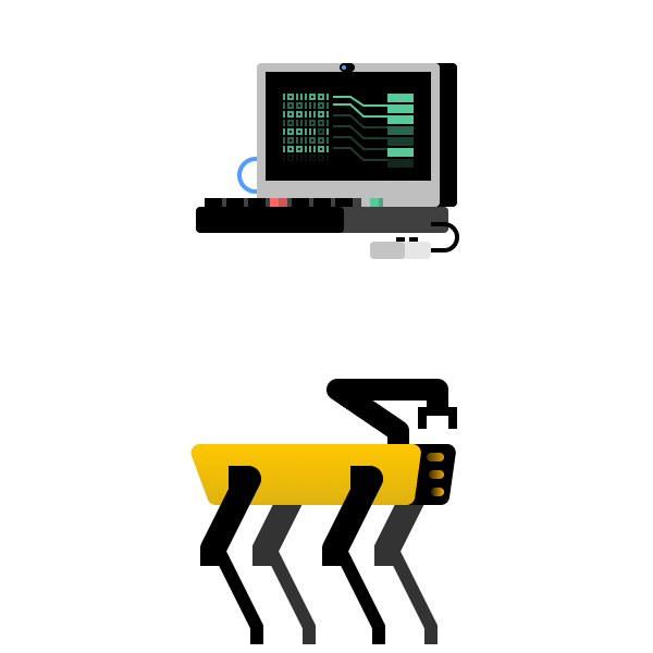 Vector illustration of laptop and a Boston Dynamics Spot robot dog.