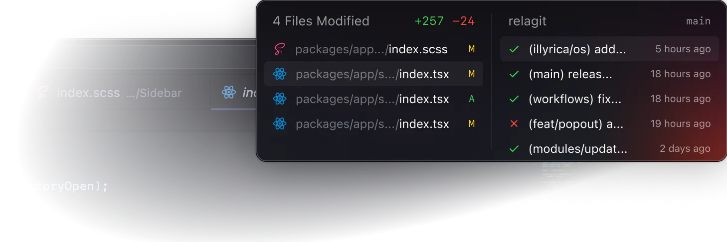 A native popout window is open above a code editor. The popout shows modified files and commit history.